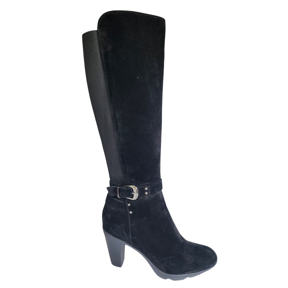 Aquatalia Black Suede Tall Knee High Boots Elastic Back Block Heel 8.5